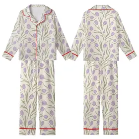 Lavender Purple Tulips Olive Green Leaves Botanical Pattern on Cream Kid Satin Pajamas Set