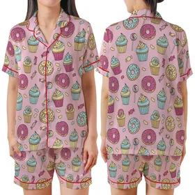 Whimsical Sweet Treat Hand-Drawn Donut Cupcake Candy Scatter Pastel Bubblegum Pink Top Satin Short-Sleeve Pajamas Set