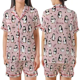 Whimsical Pastel Pink Penguin & Coffee Mugs Lounge Wear with You & Me Hearts Satin Short-Sleeve Pajamas Set