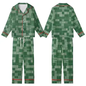 Modern Classic Style Deep Forest Green Geometric Tessellation Garment: White Stripes, Windowpane Grid Kid Satin Pajamas Set