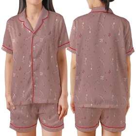 Gentle Spirit's Hand-Drawn Dusty Rose Botanical Floral Pattern Soft Style Piece Satin Short-Sleeve Pajamas Set
