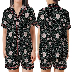 Elegant Botanical Hand-Drawn Blush Pink Peach White Teal Floral on Black Fashion Design Satin Short-Sleeve Pajamas Set