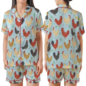 Playful Chicken Farm Design: Terracotta Roosters, Cream Hens, Yellow Chicks on Sky Blue Satin Short-Sleeve Pajamas Set