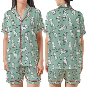 Pet Lover's Whimsical Hand-Drawn Cats Puppies Bunnies Motif: Mint Green 'Meow Woof Purr Hop' Satin Short-Sleeve Pajamas Set