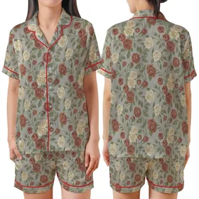 Rose Lover's Muted Greige Dusty Rose Botanical Blooming Floral Design Satin Short-Sleeve Pajamas Set