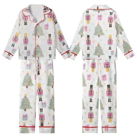 Women's Whimsical Pastel Watercolor Nutcracker Christmas Tree Star Snowflake Pattern Fuchsia Mint Blue Golden Yellow Kid Satin Pajamas Set