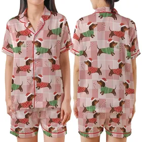 Dachshund Lover's Whimsical Christmas Dogs: Pink Gingham Festive Holiday Loungewear Satin Short-Sleeve Pajamas Set