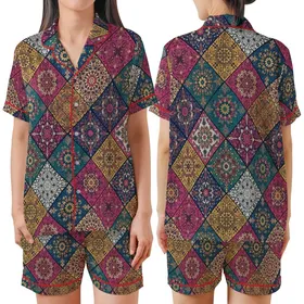 Bohemian Tessellating Diamond Mandala Floral | Rich Jewel Tone Satin Short-Sleeve Pajamas Set