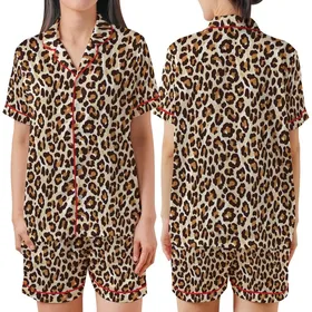Wild Elegance Leopard: Fluid Organic Spots, Deep Chocolate Sepia, Creamy Beige, Painterly Highlights Satin Short-Sleeve Pajamas Set