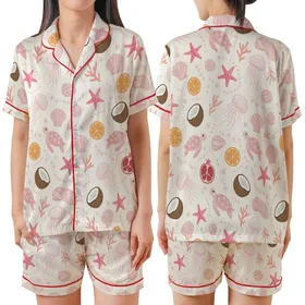 Whimsical Coastal Charm: Hand-Drawn Pink Sea Turtle, Starfish & Tropical Fruit Design on Cream Satin Short-Sleeve Pajamas Set