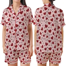 Sweetheart's Soft Pink Whimsical Scattered Maroon & Black Outlined Hearts Wearable Satin Short-Sleeve Pajamas Set