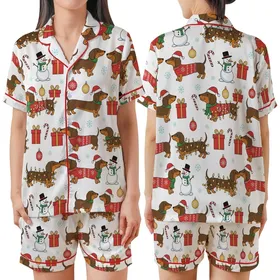 Dachshund Lover's Holiday Loungewear: Whimsical Dogs, Santa Hats, Lights, Gifts & Snowmen Pattern Satin Short-Sleeve Pajamas Set