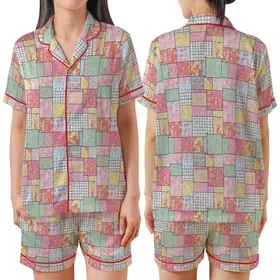 Pastel Dreamer's Patchwork: Intricate Paisley Floral Mosaic - Cheerful Wearable Art Satin Short-Sleeve Pajamas Set