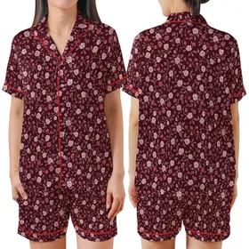 Vintage Charm: Maroon Rose & Berry Hand-Drawn Floral Motif Satin Short-Sleeve Pajamas Set