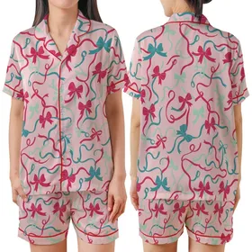 Whimsical Scattered Red Fuchsia Teal Mint Bows & Ribbons Light Pink Loungewear Satin Short-Sleeve Pajamas Set