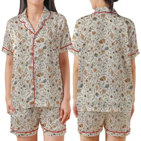 Women's Elegant Hand-Drawn Floral Branch & Bloom Motif Peach Blue-Grey Olive Tones Fabric Surface Design Satin Short-Sleeve Pajamas Set