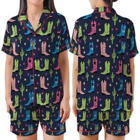 Women's Vibrant Fuchsia Yellow Blue Cowgirl Boots Leopard Star Cactus Pattern on Deep Navy Blue Satin Short-Sleeve Pajamas Set