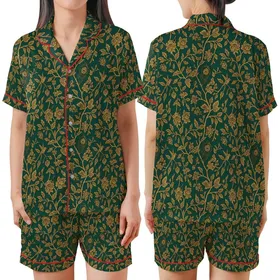Classic Gold & Emerald: Intricate Floral, Peacock Feather & Hummingbird Wearable Art Satin Short-Sleeve Pajamas Set