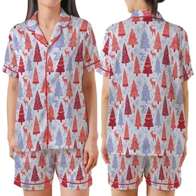 Folk Art Christmas Forest: Coral Red Periwinkle Hand-Drawn Deer & Snowflakes Satin Short-Sleeve Pajamas Set