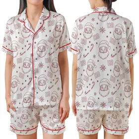 Festive Spirit: Vintage Santa Winking Heads HO HO Snowflakes Candy Canes Stars Holiday Graphic Satin Short-Sleeve Pajamas Set