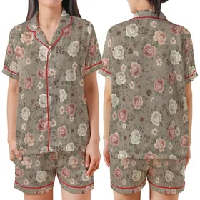 Vintage Floral Enthusiast: Painterly Greige Rose & Wildflower Art Motif Satin Short-Sleeve Pajamas Set