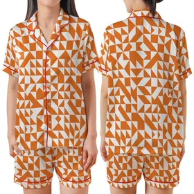 Dynamic Fragmented Geometric Mosaic: Orange White Interlocking Shapes Satin Short-Sleeve Pajamas Set