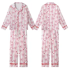 Sweethearts' Pink & White Stripe Bows & Hearts Fuchsia Accented Wearable Kid Satin Pajamas Set