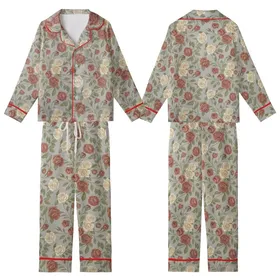 Rose Lover's Muted Greige Dusty Rose Botanical Blooming Floral Design Kid Satin Pajamas Set