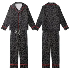 Nature-Inspired Black Silhouette Organic Pattern: Dark Charcoal Floral Foliage Design Kid Satin Pajamas Set