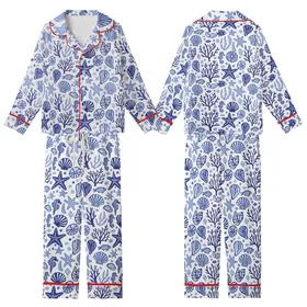 Oceanic Explorer's Hand-Drawn Indigo Blue & Sky Blue Seashell, Starfish, Coral Seaweed Pattern Wearable Kid Satin Pajamas Set