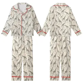 Giraffe Lover's Hand-Drawn Adult & Baby Giraffes Dynamic Off-White Burnt Orange Signature Pattern Kid Satin Pajamas Set