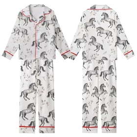 Equestrian Dream: Dynamic Etched Horses & Calla Lily Botanical Art Piece Kid Satin Pajamas Set