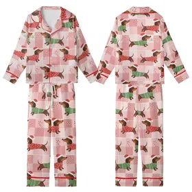 Dachshund Lover's Whimsical Christmas Dogs: Pink Gingham Festive Holiday Loungewear Kid Satin Pajamas Set