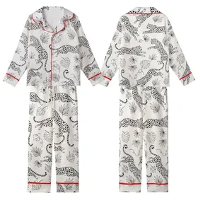 Leopard Lover: Dynamic Leaping Leopard Outline Print with Jungle Vines Off-White Statement Layer Kid Satin Pajamas Set