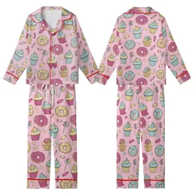 Whimsical Sweet Treat Hand-Drawn Donut Cupcake Candy Scatter Pastel Bubblegum Pink Top Kid Satin Pajamas Set