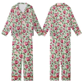 Women's Romantic Rose Garden: Pale Pink & Crimson Blooms with Olive Leaves on Light Mint Kid Satin Pajamas Set