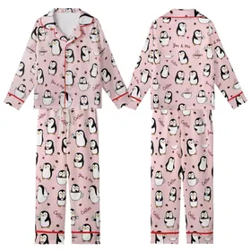 Whimsical Pastel Pink Penguin & Coffee Mugs Lounge Wear with You & Me Hearts Kid Satin Pajamas Set