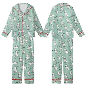 Pet Lover's Whimsical Hand-Drawn Cats Puppies Bunnies Motif: Mint Green 'Meow Woof Purr Hop' Kid Satin Pajamas Set