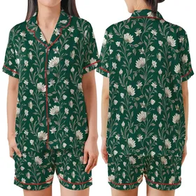 Timeless Botanical Elegance: Emerald Green Off-White Taupe Floral Wearable Satin Short-Sleeve Pajamas Set