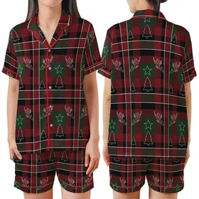 Festive Holiday Wear: Classic Tartan Plaid Crimson Red & Forest Green with Reindeer Antlers, Stars, Trees Satin Short-Sleeve Pajamas Set