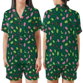 Holiday Cheer: Vibrant Pink Lime Holly Berry Star Deep Green Loungewear Satin Short-Sleeve Pajamas Set