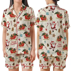 Joyful Christmas Comfort Wear: Whimsical Santa, Gingerbread & Sleigh Holiday Pattern Satin Short-Sleeve Pajamas Set