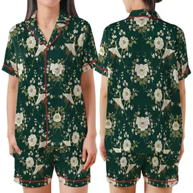 Elegant Chinoiserie Emerald Green Crane, White Camellia & Cherry Blossom Art Satin Short-Sleeve Pajamas Set