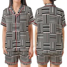 Modern Geometric Grid: Sharp-Edged Abstract Black White Coral Stripes – Minimalist Wearable Art Satin Short-Sleeve Pajamas Set
