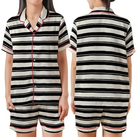 Casual Minimalist Organic Black Cream Taupe Ripple Stripe Abstract Print Satin Short-Sleeve Pajamas Set