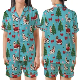 Whimsical Christmas Cows in Santa Hats, Red Bows, Lollipops, Decorated Trees on Cyan Holiday Motif Satin Short-Sleeve Pajamas Set