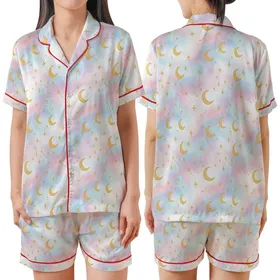 Celestial Dreamer's Pastel Watercolor Sky with Golden Moons & Stars Loungewear Satin Short-Sleeve Pajamas Set