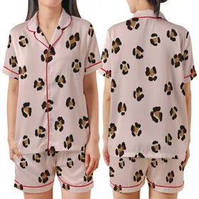 Modern Style Lover: Soft Pastel Pink Background with Stylized Tan & Brown Leopard Spots - Seamless Pattern Design Satin Short-Sleeve Pajamas Set