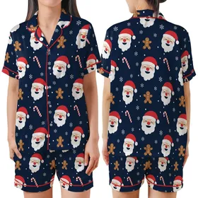Christmas Enthusiasts' Whimsical Santa Gingerbread Candy Cane Snowflake Deep Navy Red White Brown Collection Satin Short-Sleeve Pajamas Set
