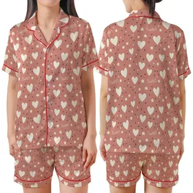 Sweet Dreams Muted Salmon Pink Hearts, Stars & Dots: Hand-Drawn 'Sweet' Script Loungewear Satin Short-Sleeve Pajamas Set